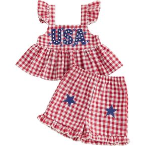 Toddler Baby Girl 4th of July Outfit USA Star Embroidery Flying Sleeve Tank Tops Plaid Shorts Set Cute Summer Clothes in Kuwait