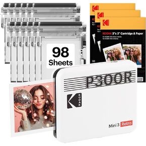 طابعة صور محمولة KODAK Mini 3 Retro مقاس 3x3 بوصة، 98 ورقة، طابعة بلوتوث للهواتف الذكية لهواتف iPhone وAndroid، مطبوعات ملونة فورية، صبغ التسامي 4PASS، أبيض in Kuwait
