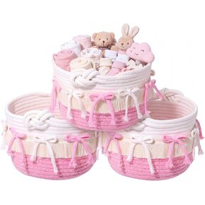 Novabright 3 Pcs Pink Bow Baskets Gifts Coquette Bow Cotton Rope Storage Baskets Round Shelf Organizer Laundry Hamper Storage Bin for Closet Bedroom Nursery Home Decor Baby Shower, 8.27'' x 6.1'' in Kuwait