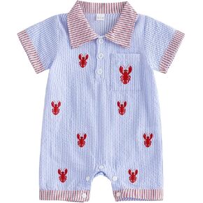 Baby Boy Summer Short Sleeve Button Down Crawfish Onesie | Newborn Infant Summer Outfit Short Sleeve Romper Embroidered Crawfish Onesie Bodysuit in Saudi Arabia