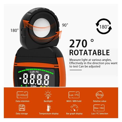 Professional Digital Light Meter 0.1-400,000 Lux/40,000 FC Range，270° Rotating Sensor Head ，Dual-Color Backlit Display in Kuwait