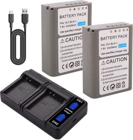 2Pack BLN-1 Battery with Dual Fast Charger Compatible for Olympus BLN-1, BCN-1, for Olympus OM-D E-M1, OM-D E-M5, Pen E-P5 E-M5 MKII, Pen-F/E-P5, HLD-6 Digital Camera Upgrade 7.6V 2400MAH in Kuwait