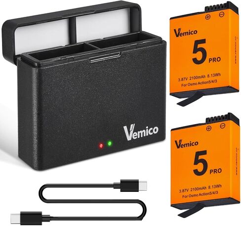 Vemico Osmo Action 6 Battery Charger Kit 2 Pack 2100mAh Action 5 Pro Batteries Type-C Dual-Slot Charger Compatible with DJI OSMO 360 and Action 6/Action 5 Pro/Action 4/Action 3 in Kuwait