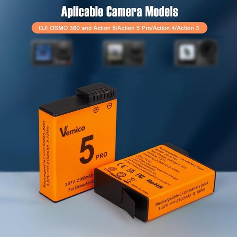 Vemico Osmo Action 6 Battery Charger Kit 2 Pack 2100mAh Action 5 Pro Batteries Type-C Dual-Slot Charger Compatible with DJI OSMO 360 and Action 6/Action 5 Pro/Action 4/Action 3 in Kuwait