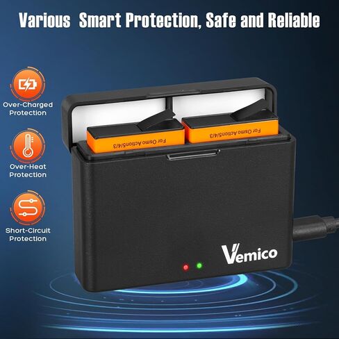 Vemico Osmo Action 6 Battery Charger Kit 2 Pack 2100mAh Action 5 Pro Batteries Type-C Dual-Slot Charger Compatible with DJI OSMO 360 and Action 6/Action 5 Pro/Action 4/Action 3 in Kuwait