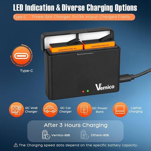 Vemico Osmo Action 6 Battery Charger Kit 2 Pack 2100mAh Action 5 Pro Batteries Type-C Dual-Slot Charger Compatible with DJI OSMO 360 and Action 6/Action 5 Pro/Action 4/Action 3 in Kuwait