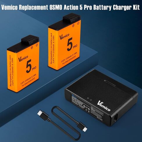 Vemico Osmo Action 6 Battery Charger Kit 2 Pack 2100mAh Action 5 Pro Batteries Type-C Dual-Slot Charger Compatible with DJI OSMO 360 and Action 6/Action 5 Pro/Action 4/Action 3 in Kuwait