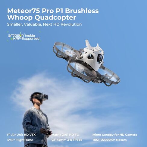 BETAFPV ELRS Meteor75 Pro P1 1S بدون فرشاة Cinewhoop بدون طيار كوادكوبتر مع 1080P P1 Air Unit HD VTX، Matrix 1S ​​3IN1 HD FC، 1102 22000KV Motor، 45mm 3-Blade Prop for FPV Cinematic، وقت الطيران يصل إلى 5.5 دقيقة in Kuwait