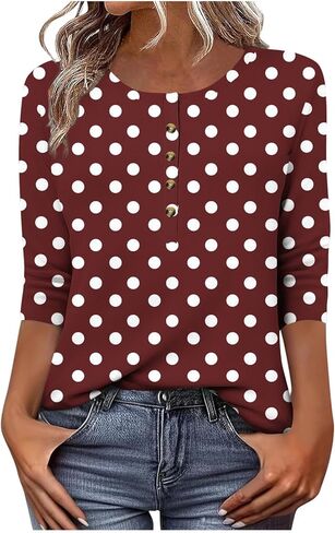 3/4 Length Sleeve Womens Tops Casual Crewneck Button Henley Shirts Polka Dot Graphic Printed Tees Blouses in Kuwait