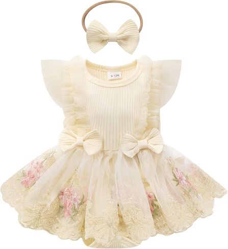 IBTOM CASTLE First Birthday Oufit Baby Girl Floral Romper Princess Tutu Dress with Headband for Cake Smash Photoshoot 3-18M in Kuwait