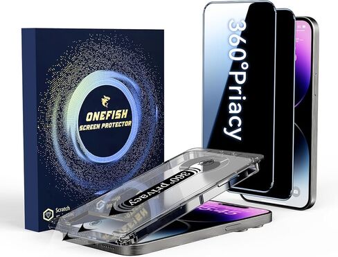 واقي شاشة للخصوصية من OneFish لهاتف iPhone 15 Pro Max - زجاج مقسى مقاوم للتجسس 4 اتجاهات 360 درجة، صلابة 9H، حواف منحنية ثلاثية الأبعاد، سهل التركيب وسهل التركيب in Kuwait
