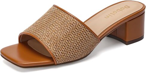 Women's Raffia Heeled Slide Sandals, Woven Square Open Toe Slip On Mules with Low Block Heel Dressy Summer Slide Sandals in Kuwait
