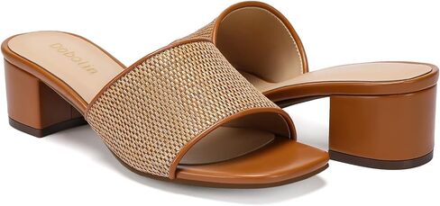 Women's Raffia Heeled Slide Sandals, Woven Square Open Toe Slip On Mules with Low Block Heel Dressy Summer Slide Sandals in Kuwait