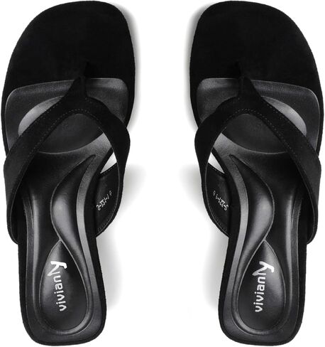 vivianly Women's Suede Low Chunky Block Heel Flip Flops Square Toe Thong Heeled Sandals Casual Slip On Mules for Work Beach Casual Outings in Kuwait