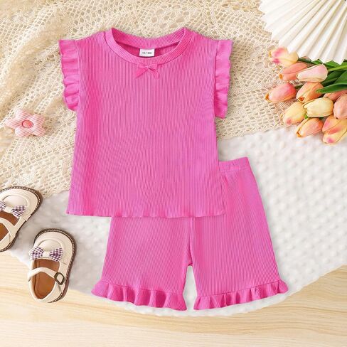 Baby Girl Clothes Toddler Summer Outfits Cute Ruffle Sleeveless Tops + Elastic Waist Shorts Set 2Pcs 1-5 Years Old in Saudi Arabia