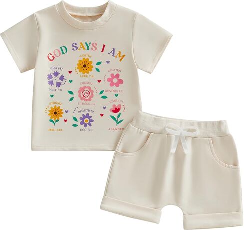 Baby Girl Letter T-shirt Cotton Shorts 2PCS Clothes Set God Says I am Floral Tee Tops Infant Toddler Summer Outfit in Saudi Arabia