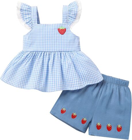 YOUNGER TREE Toddler Girl Clothes Ruffled Short-Sleeve Plaid Top and Shorts Set Baby Summer Outfits in Kuwait