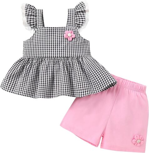 YOUNGER TREE Toddler Girl Clothes Ruffled Short-Sleeve Plaid Top and Shorts Set Baby Summer Outfits in Saudi Arabia