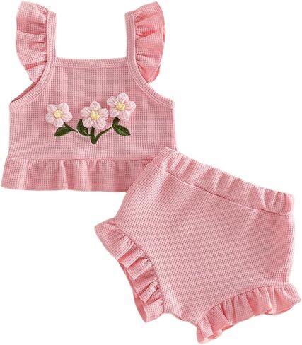 Madjtlqy Baby Girl Summer Clothes Outfits 0 3 6 12 18 Months Flower Ruffle Sleeve Tops and Shorts Set in Kuwait