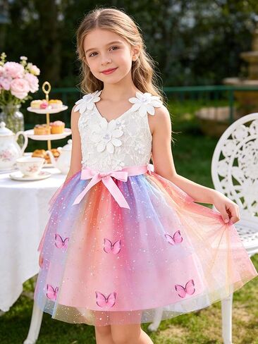 Girls Tutu Sleeveless Dress Kids Bow V Neck Tulle Skirt Outfits Toddler Girls Summer Princess Party Puffy Tulle Dresses 3-10T in Saudi Arabia