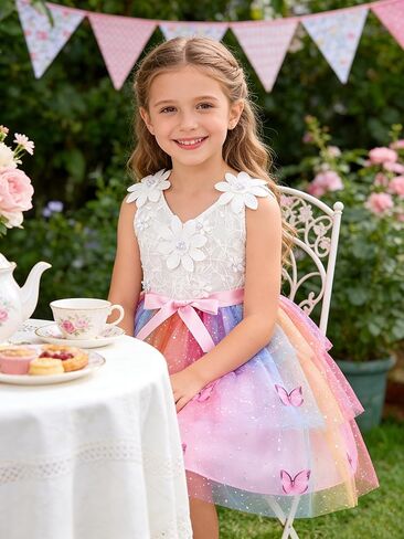 Girls Tutu Sleeveless Dress Kids Bow V Neck Tulle Skirt Outfits Toddler Girls Summer Princess Party Puffy Tulle Dresses 3-10T in Saudi Arabia