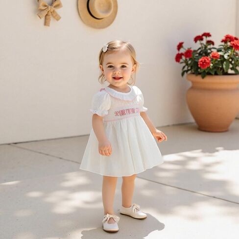 Toddler Baby Girl First Second Birthday Outfit Puff Sleeve Embroidery Smocked Dress Summer Party Princess Dress in Kuwait