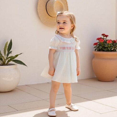 Toddler Baby Girl First Second Birthday Outfit Puff Sleeve Embroidery Smocked Dress Summer Party Princess Dress in Kuwait