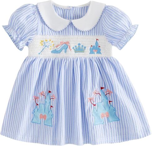 Toddler Baby Girl Summer Dress Peter Pan Striped Castle Embroidery Puff Short Sleeve Dresses Playwear in Kuwait