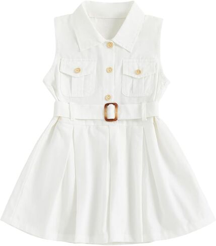 1-5Y Little Kids Toddler Baby Girl Summer Clothes Sleeveless Collared Button Dress Pockets Belted Tank Dresses in Kuwait