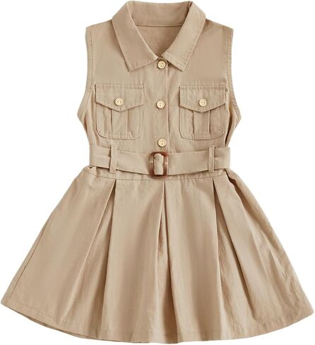 1-5Y Little Kids Toddler Baby Girl Summer Clothes Sleeveless Collared Button Dress Pockets Belted Tank Dresses in Saudi Arabia