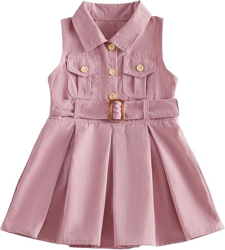 1-5Y Little Kids Toddler Baby Girl Summer Clothes Sleeveless Collared Button Dress Pockets Belted Tank Dresses in Saudi Arabia