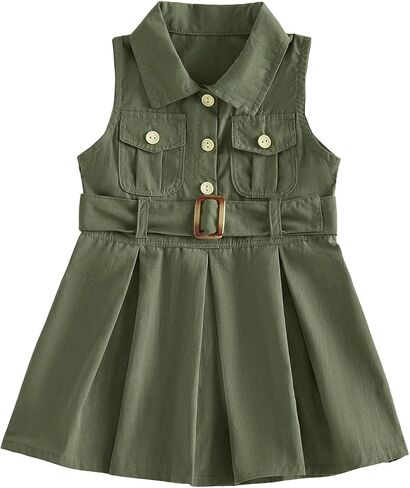 1-5Y Little Kids Toddler Baby Girl Summer Clothes Sleeveless Collared Button Dress Pockets Belted Tank Dresses in Saudi Arabia