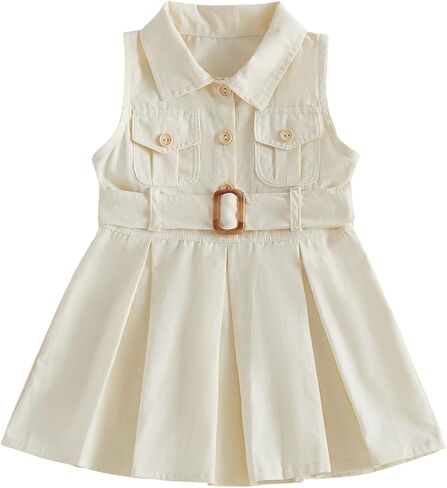 1-5Y Little Kids Toddler Baby Girl Summer Clothes Sleeveless Collared Button Dress Pockets Belted Tank Dresses in Saudi Arabia