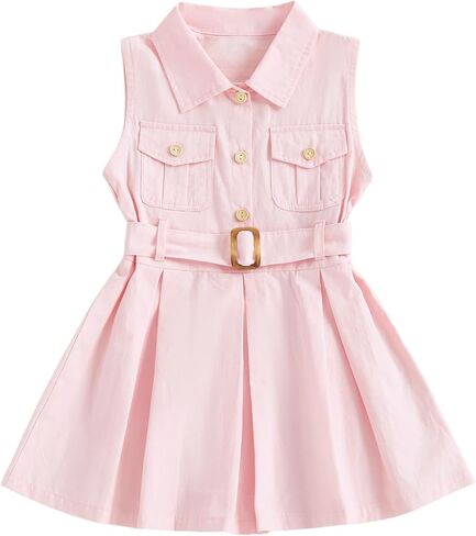 1-5Y Little Kids Toddler Baby Girl Summer Clothes Sleeveless Collared Button Dress Pockets Belted Tank Dresses in Saudi Arabia