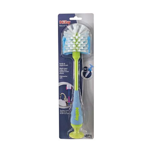 Nuby 2-in-1 Bottle and Nipple Cleaning Brush with Suction Base, Blue/Green in Kuwait
