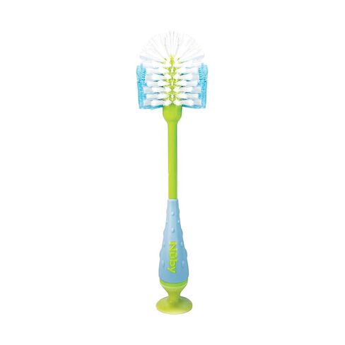 Nuby 2-in-1 Bottle and Nipple Cleaning Brush with Suction Base, Blue/Green in Kuwait