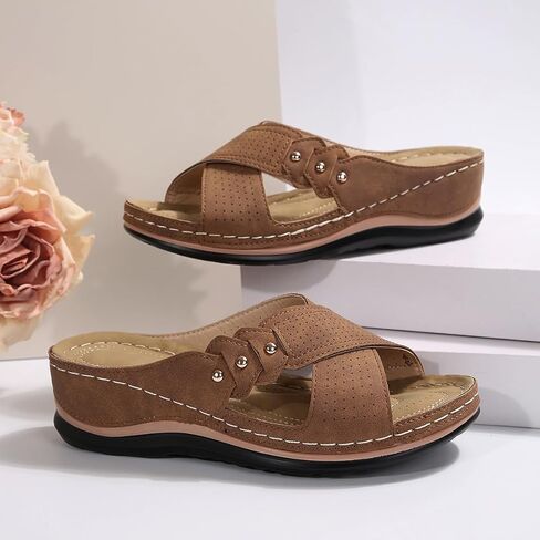 Women's Platform Wedges Sandals Peep Toe Cross Strap Casual Slides with Comfortable for Spring Summer Daily Wear,Brown in Kuwait