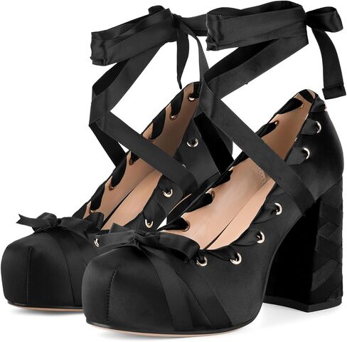 Platform Chunky Bow Ribbon Lace Up Ballerina High Heels Pumps in Saudi Arabia