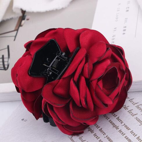 2Pcs Wine red Women Chiffon Rose Flower Jaw Clip, Floral Jaw Barrettes Grips Clamps Twist Hair Up Hair Claw Fancy Accessories for Women Girl in Kuwait