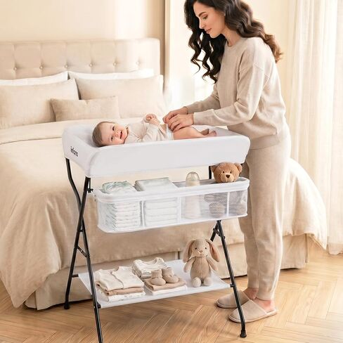 INFANS Baby Changing Table, Folding Diaper Station Portable Nursery Organizer with Safety Belt and Large Storage Racks for Newborn Baby and Infant (Black) in Saudi Arabia