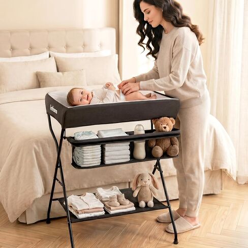 INFANS Baby Changing Table, Folding Diaper Station Portable Nursery Organizer with Safety Belt and Large Storage Racks for Newborn Baby and Infant (Black) in Saudi Arabia