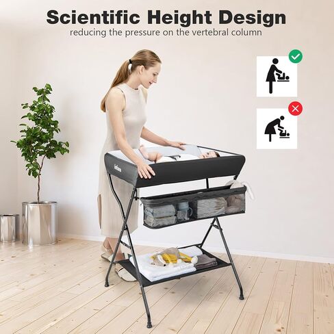 INFANS Baby Changing Table, Folding Diaper Station Portable Nursery Organizer with Safety Belt and Large Storage Racks for Newborn Baby and Infant (Black) in Saudi Arabia