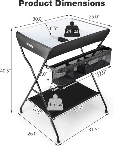 INFANS Baby Changing Table, Folding Diaper Station Portable Nursery Organizer with Safety Belt and Large Storage Racks for Newborn Baby and Infant (Black) in Saudi Arabia
