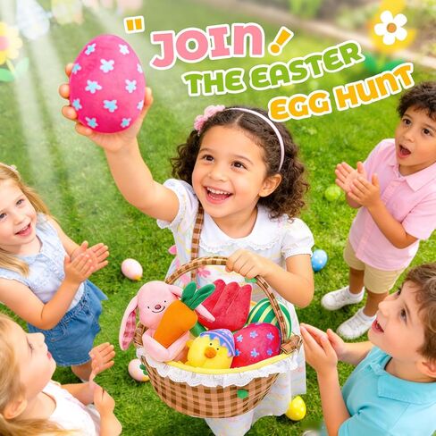 سلة عيد الفصح للأطفال من JoyCat، هدايا عيد الفصح للفتيات الصغيرات والأولاد والأطفال الصغار، 6 قطع من مجموعة اللعب الحسية القطيفة مع ألعاب الأرنب الفرخ والجزر والتوليب، خشخشة وأصوات زقزقة وألعاب قطيفة مجعدة، صيد بيض عيد الفصح in Kuwait