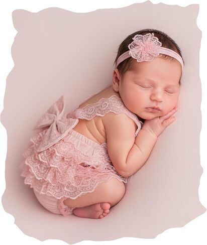 Newborn Girl Photography Outfit Props- Lace Romper and Headband Set，Baby Photoshoot Props，Infant Photo Shoot in Saudi Arabia
