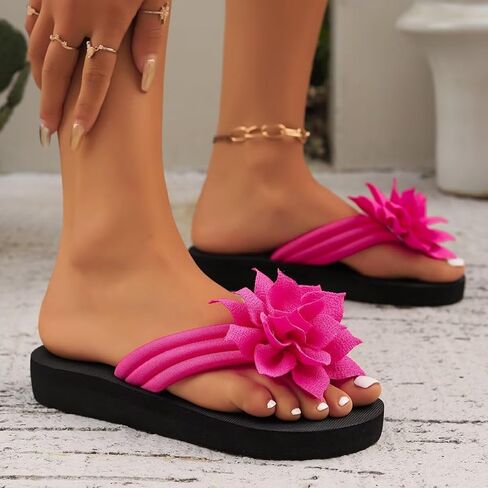 Women's Wide Width Flip Flops with Flowers, Extra Wide Fit Ladies Sandals, Cute Summer Couple Beach Slippers for Women in Kuwait