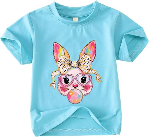IZYJOY Toddler Girls Easter Shirt Kids Cute Bunny Blowing Bubblegum T-Shirt Happy Easter Glasses Rabbit Short Sleeve Tee Tops in Kuwait