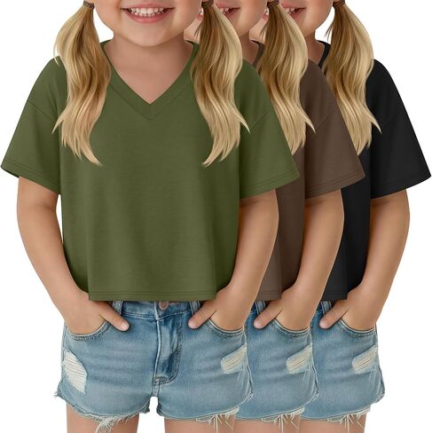 3 Pack Toddler Girls Short Sleeve Crop Tops Casual Kids V Neck T Shirts Summer Solid Color Basic Tees for 18M-5T in Saudi Arabia