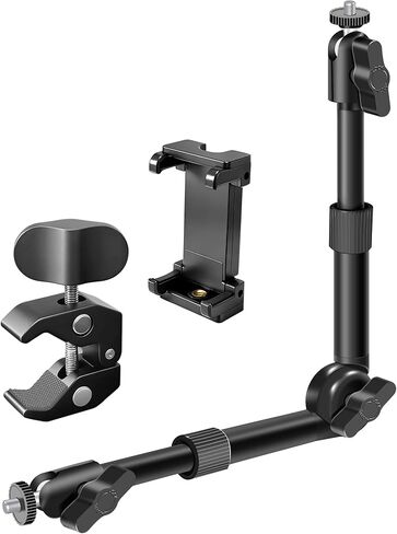 BZE Universal Retractable Magic Arm Clamp 11.8-15 Inch, Webcam Stand，1/4" & 3/8" Thread with Phone Mount, Adjustable Camera Arm for Camera Lighting Mounting, Webcam, Action Camera, Smartphone (Black) in Kuwait