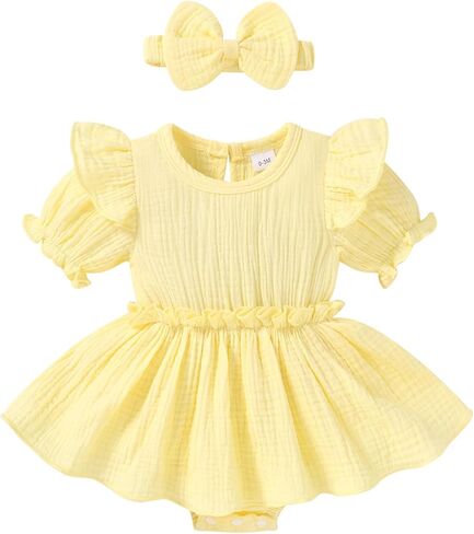 Happy Town Newborn Baby Girl Clothes Infant Summer Romper Ruffle Puff Sleeves Jumpsuit with Headband Toddler Outfits in Kuwait